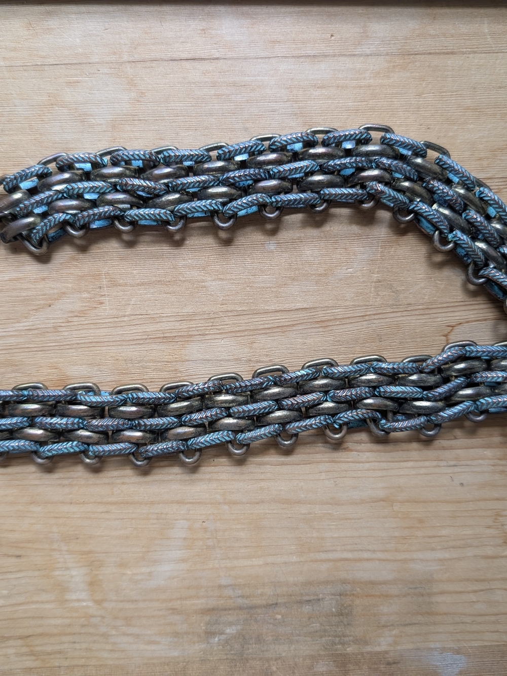 Oxidized Bronze Chain Link Choker with Teal Accent And Adjustable Fastener